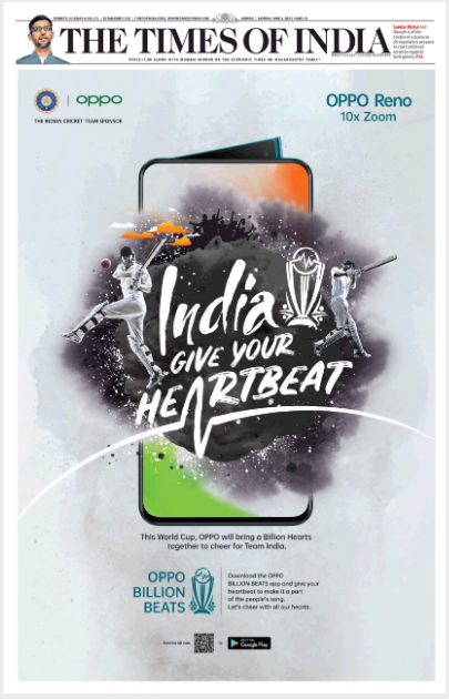 Front page advertisement in Times of India Mumbai for Oppo
