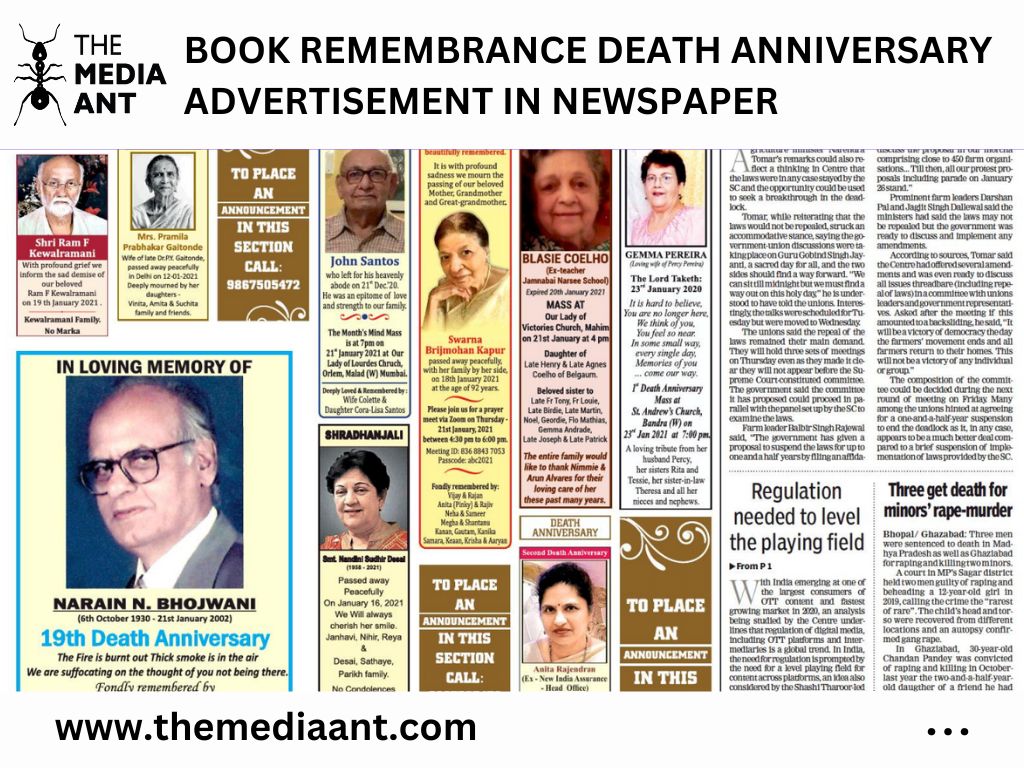Book Remembrance Death Anniversary Advertisement In Newspaper