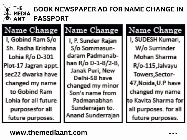 Book Newspaper Ad For Name Change Passport Name Change