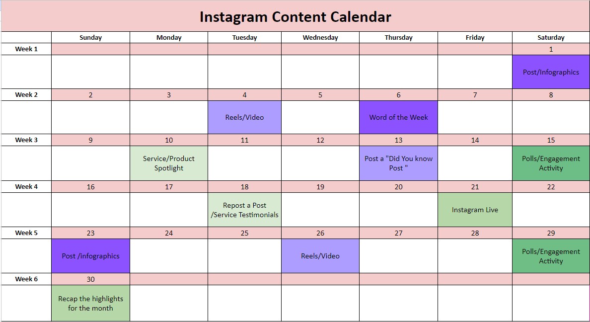 Instagram content calendar template